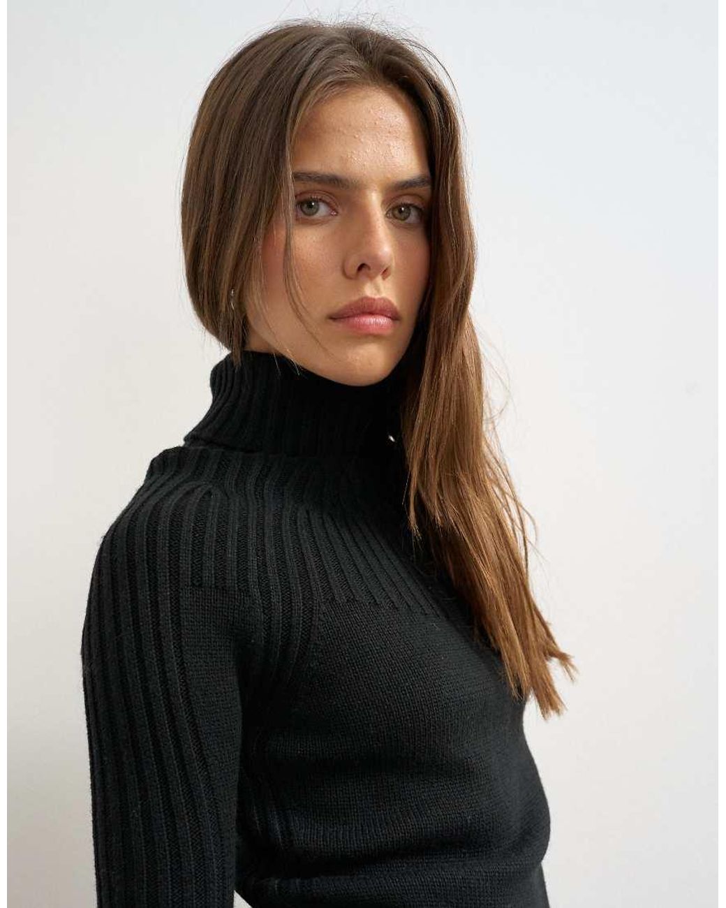 TOPSHOP Black Knitted Rib Yoke Long Sleeve Top