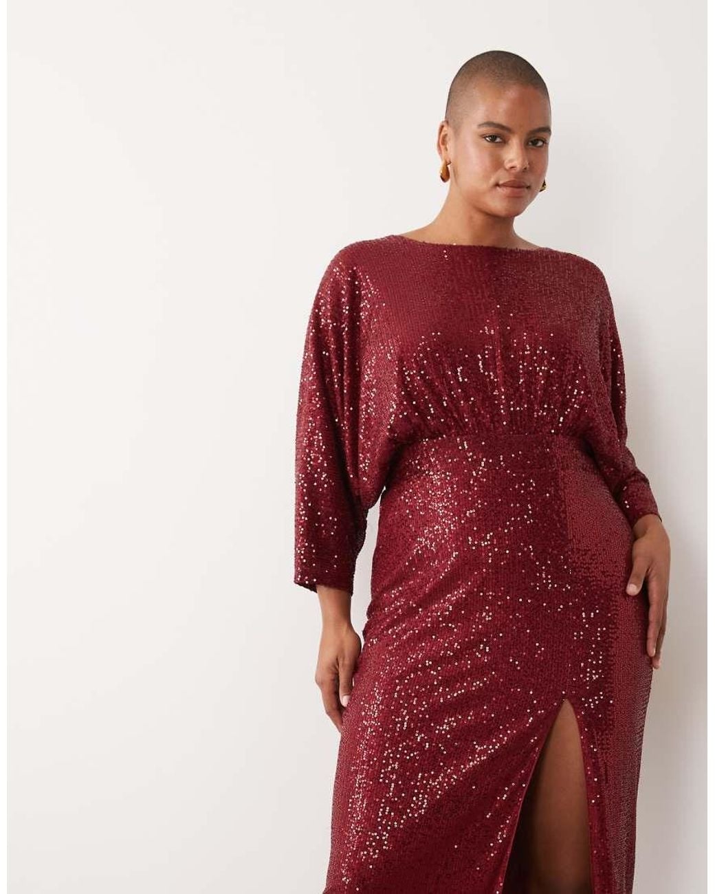 Tfnc Plus Red Sequin Mesh Kimono Sleeve Thigh Split Maxi Dress