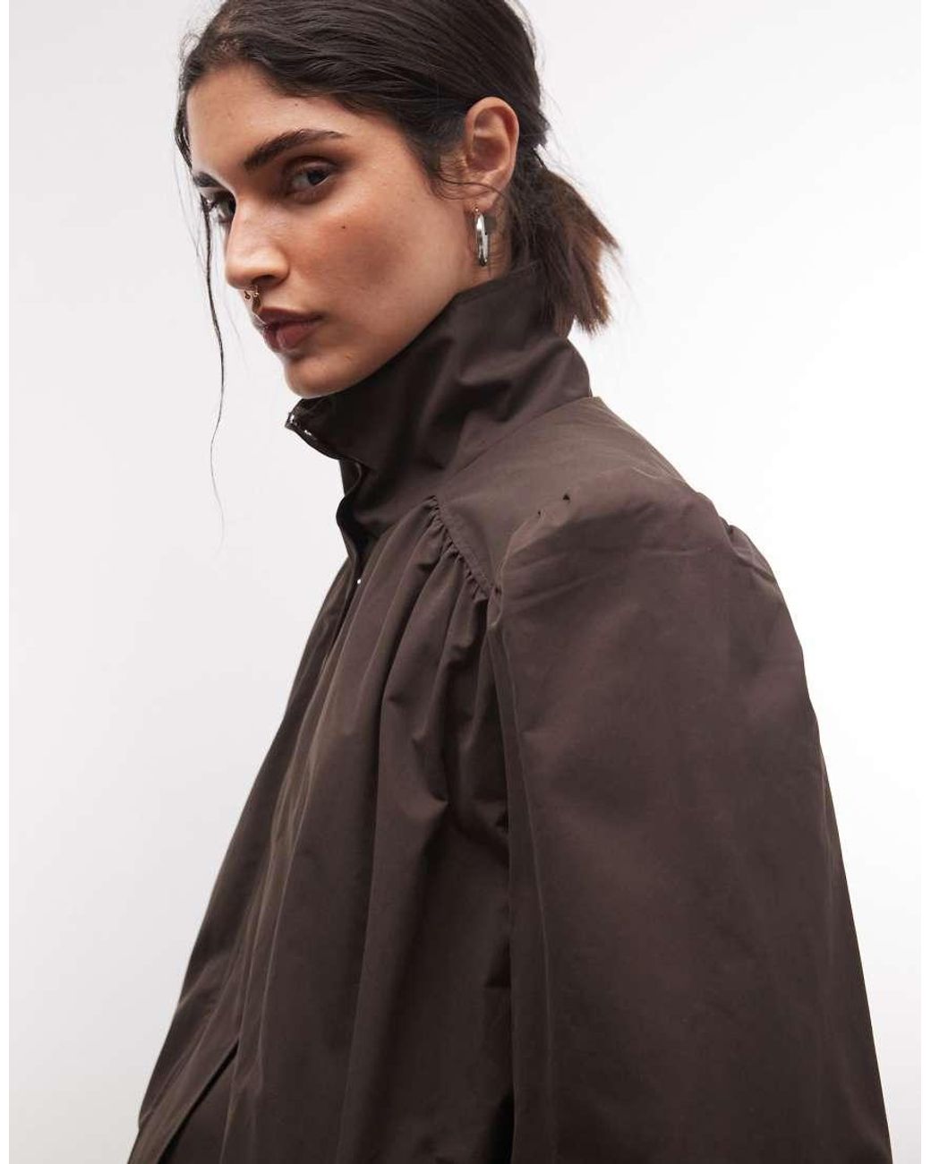 Monki Brown Balloon Sleeve High Neck Trench Coat