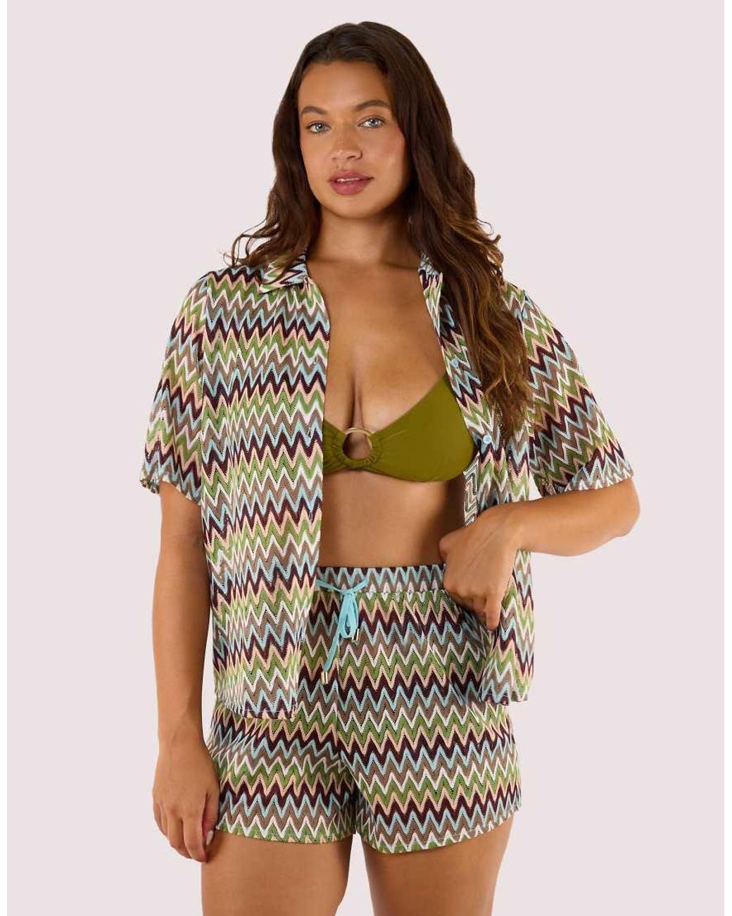 Wolf & Whistle Green Kalahari Zig Zag Crochet Beach Shirt
