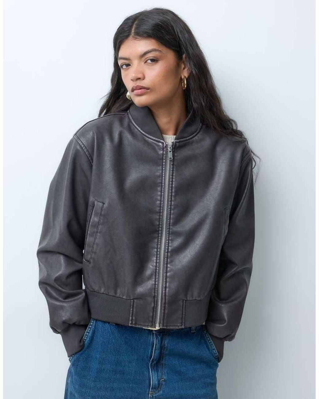 ONLY Gray Faux Leather Washed Bomber Jacket