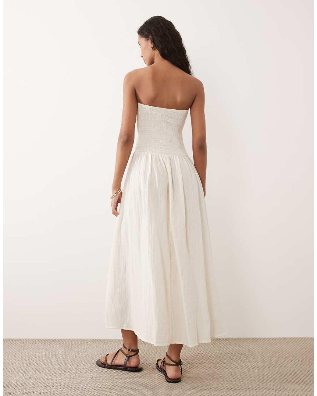 Brave Soul Natural Cheesecloth Strapless Midi Dress With Shirred Bodice