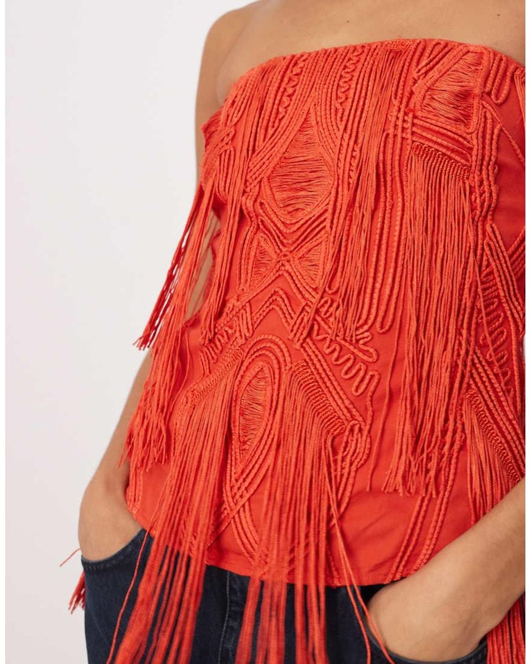 ARRANGE Red Embroide Cornelli Fringe Bandeau Top