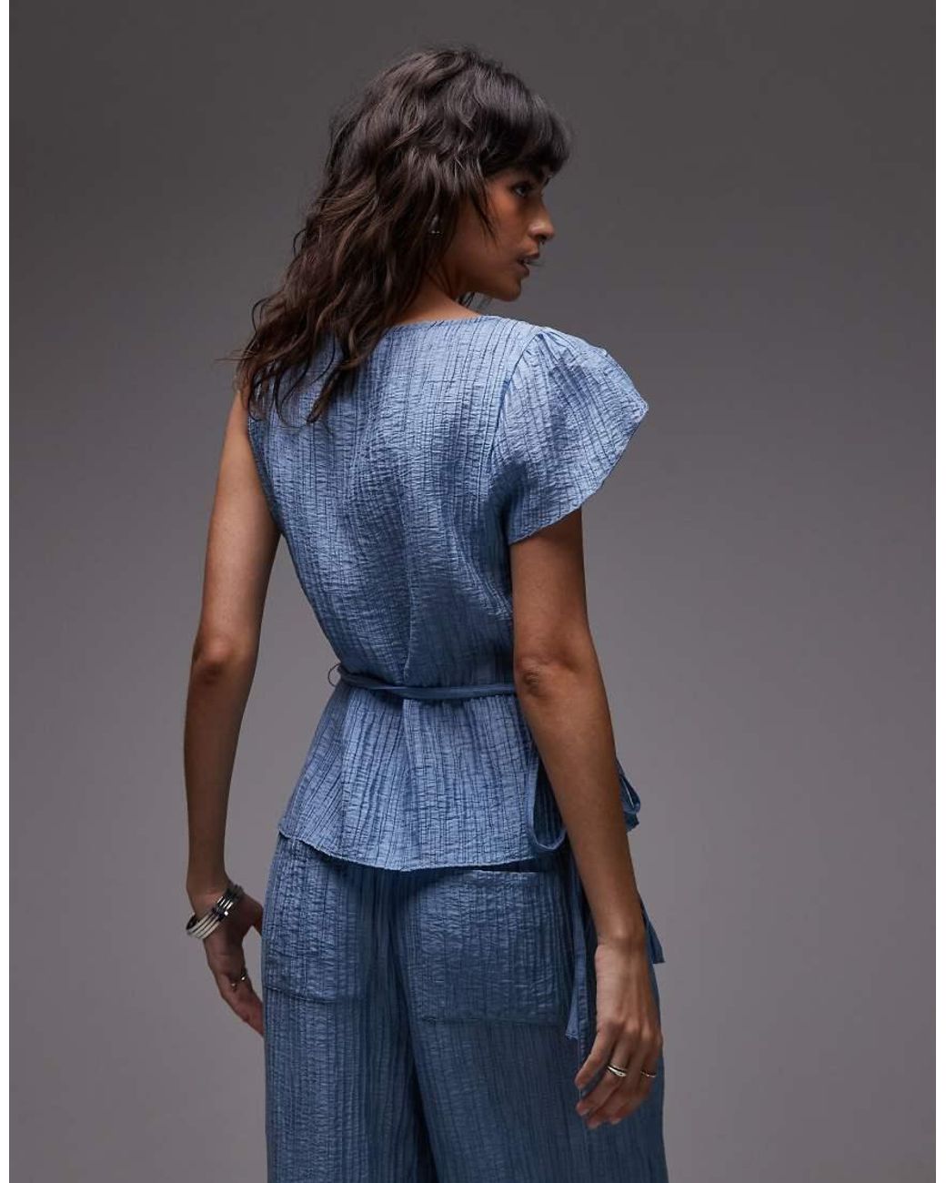ASOS Blue Crinkle Asymmetric Tie Waist Top Co-Ord