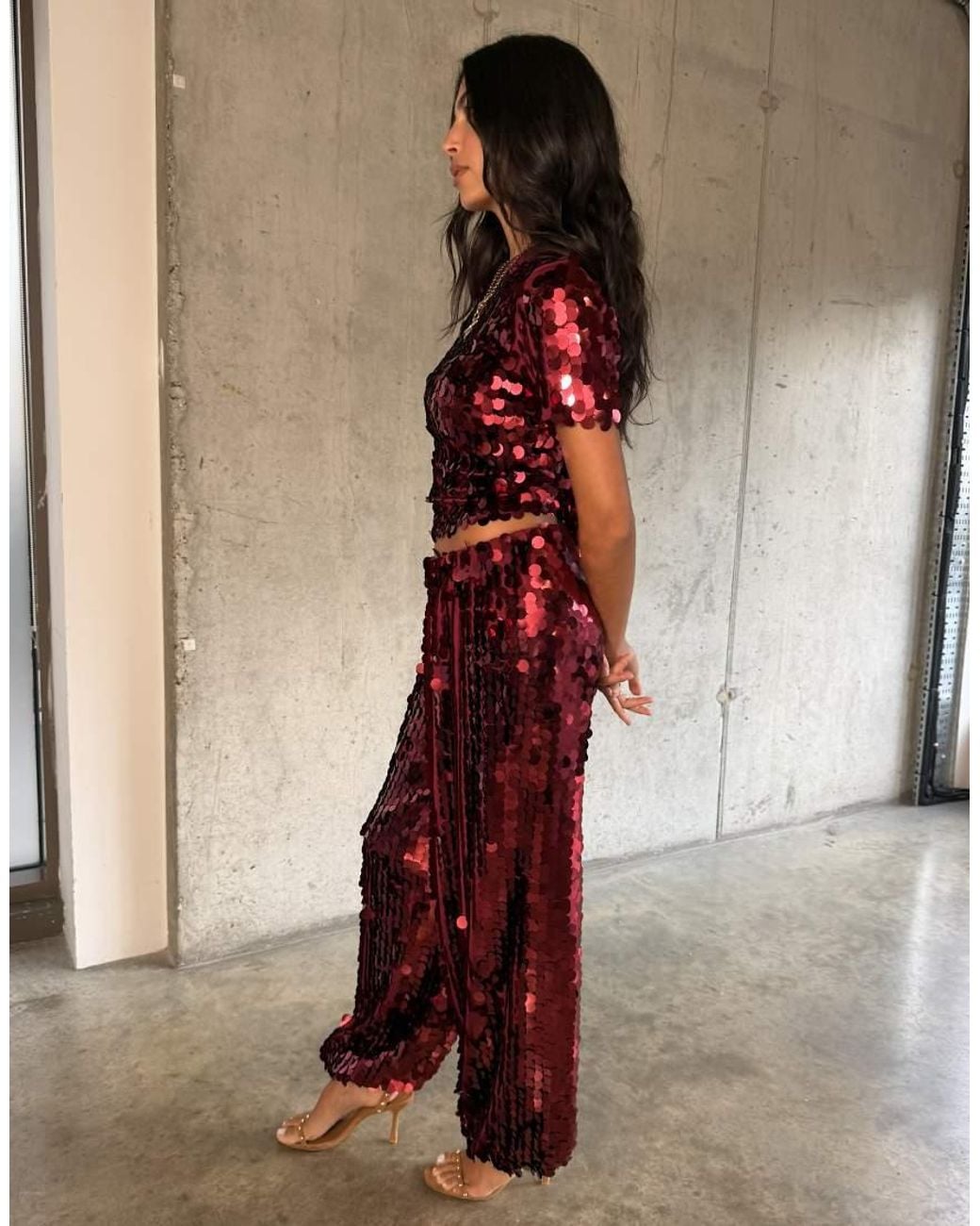 Never Fully Dressed Red Disc Sequin Elasticated Waist Balloon Trouser Co-Ord