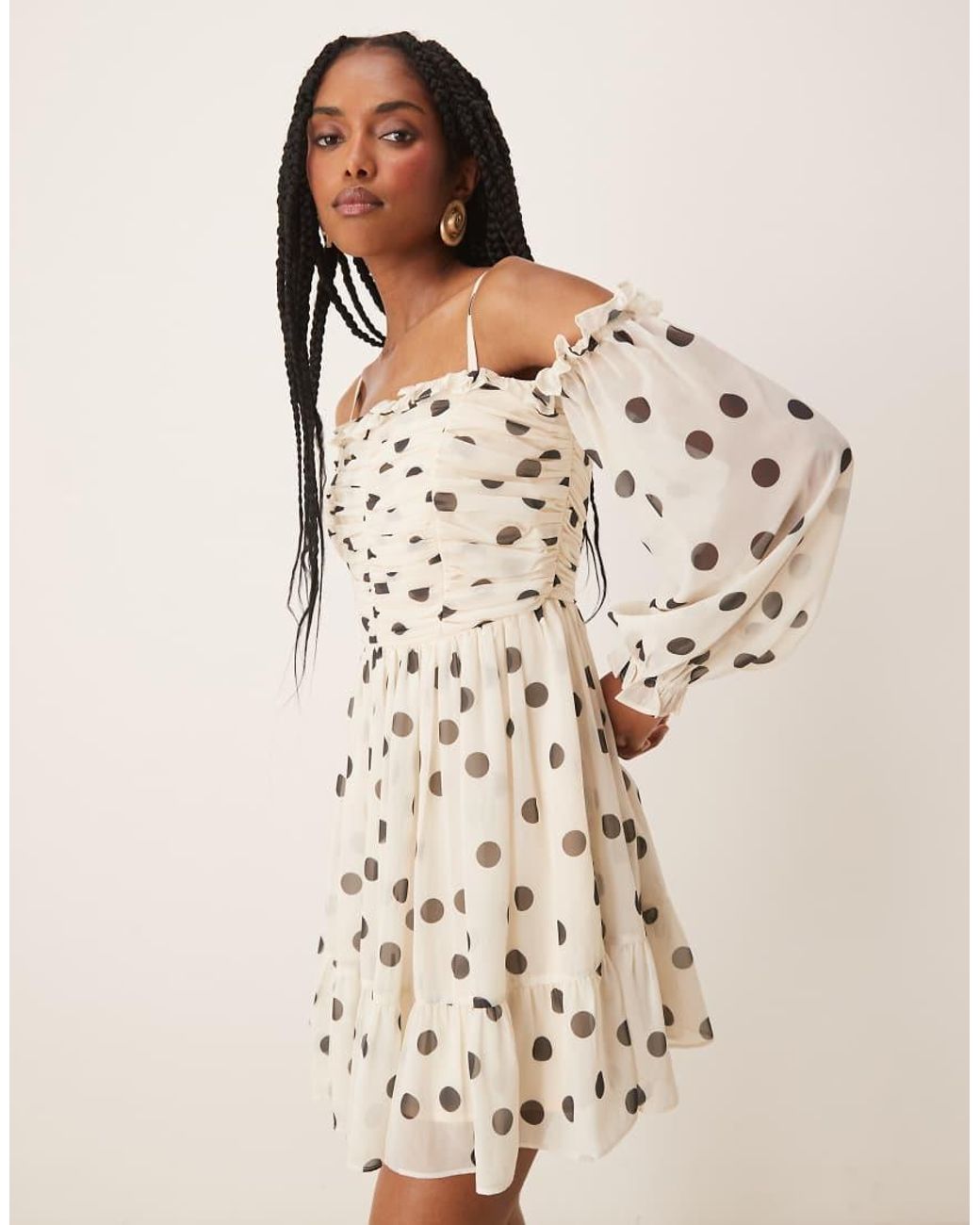 ANAYA Natural Polka Dot Bardot Long Sleeve Mini Dress