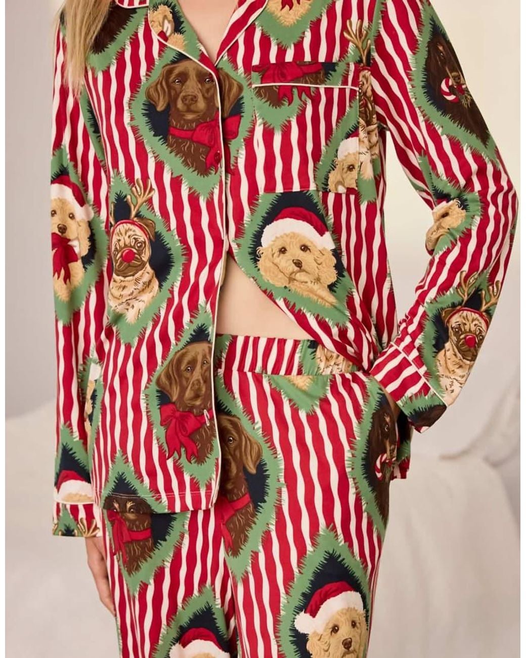 Chelsea Peers Pink Christmas Chip & Friends Stripe Print Long Pyjama Set