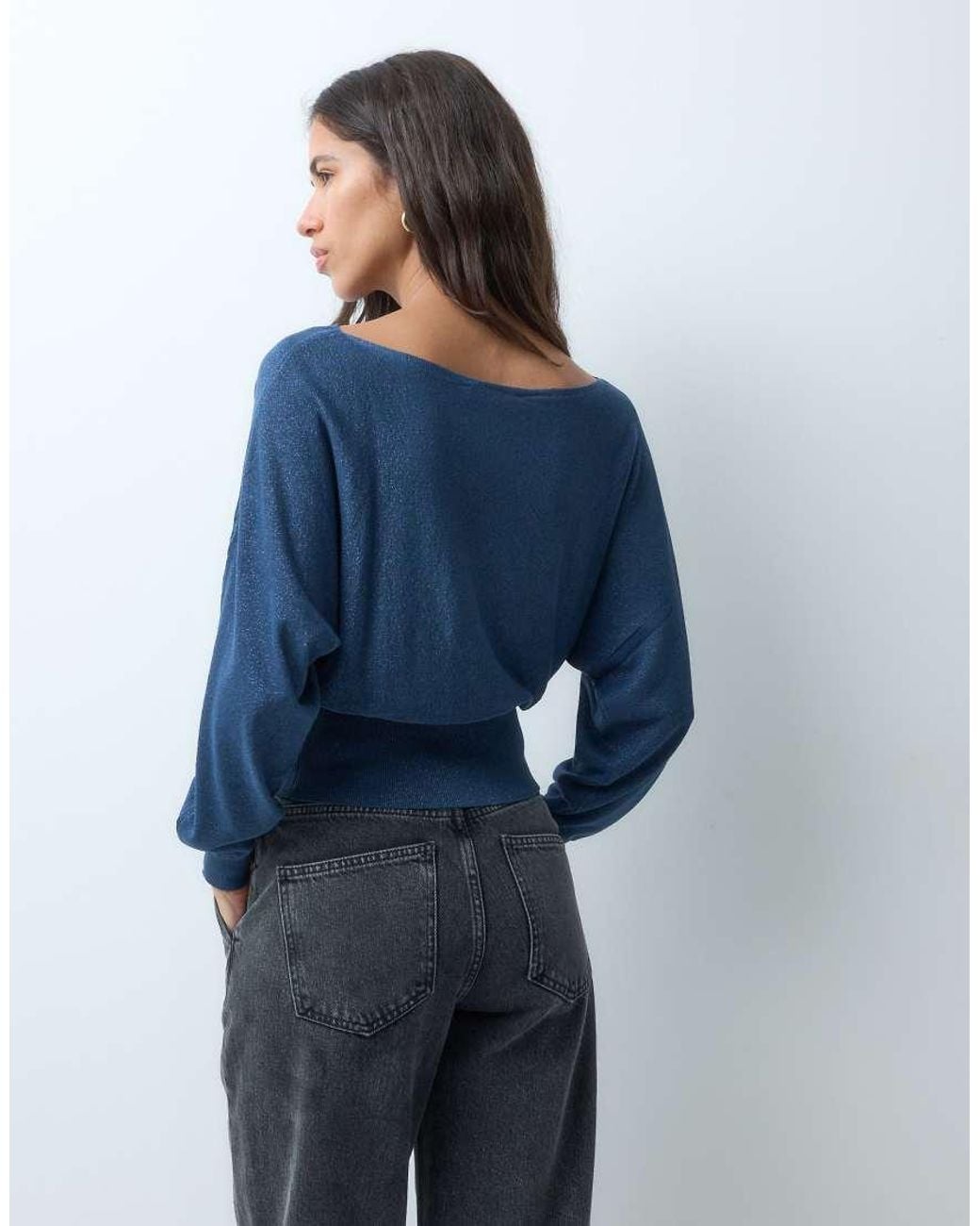 Mango Blue Teen Cinched Waist Boat Neck Knitted Top