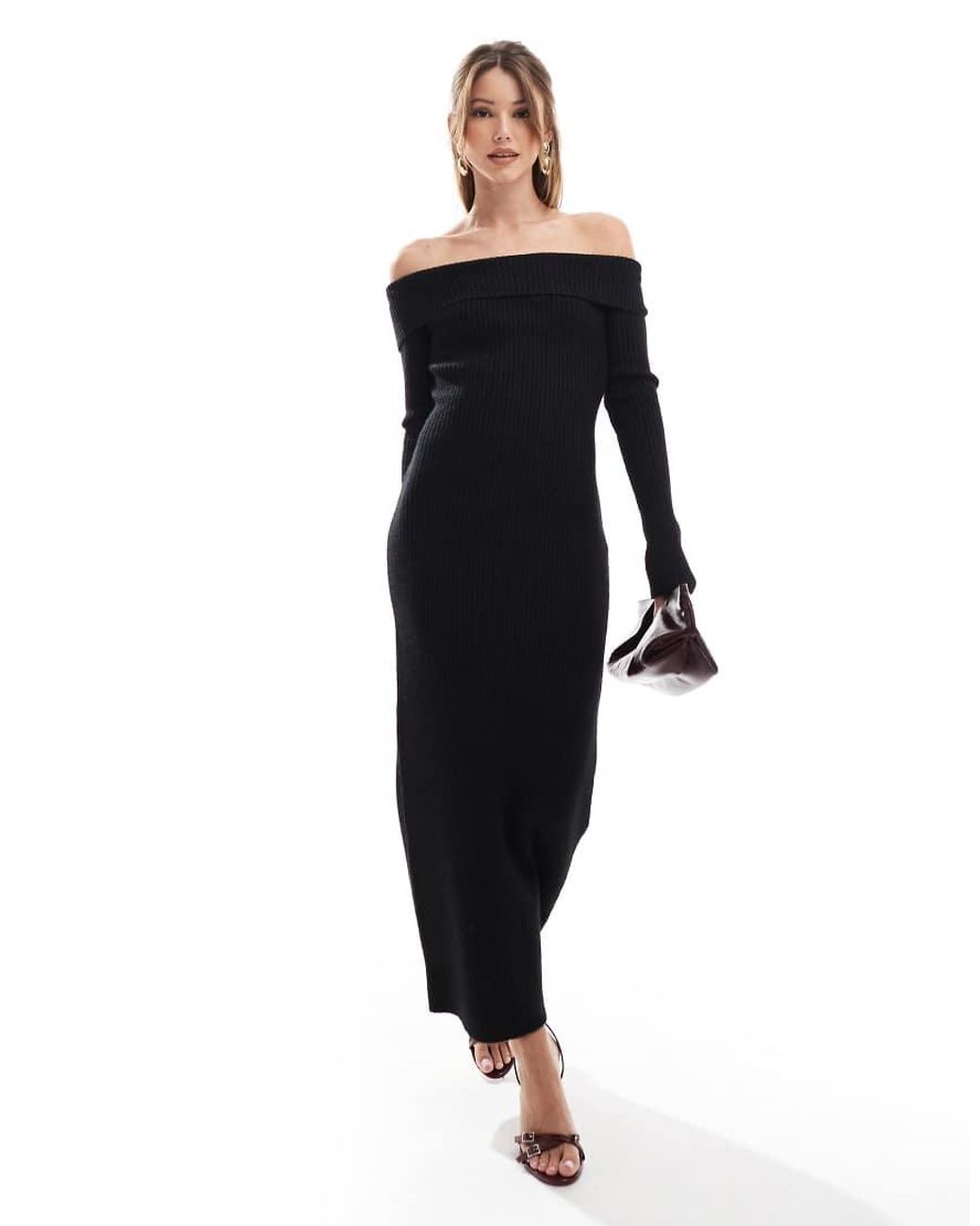 The Frolic Blue Exclusive Knitted Bardot Bow Back Detail Maxi Dress