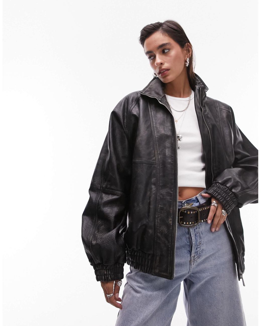 ジャケット・アウター VINTAGE WASHED LEATHER ZIP Topshop faux leather vintage wash seam detail zip up bomber