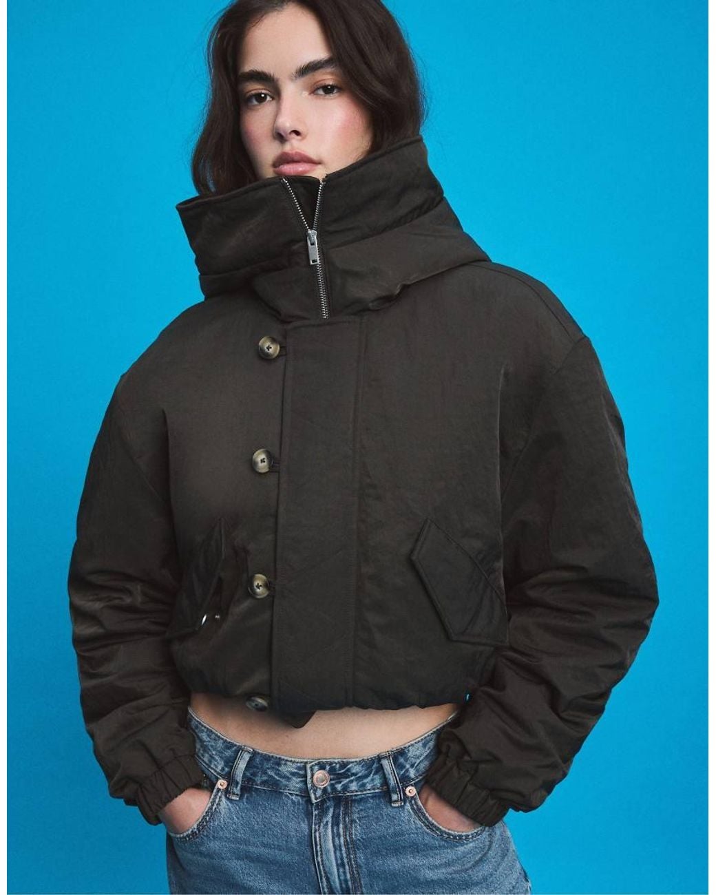 Stradivarius Blue Bomber Jacket With Faux Fur High Neck