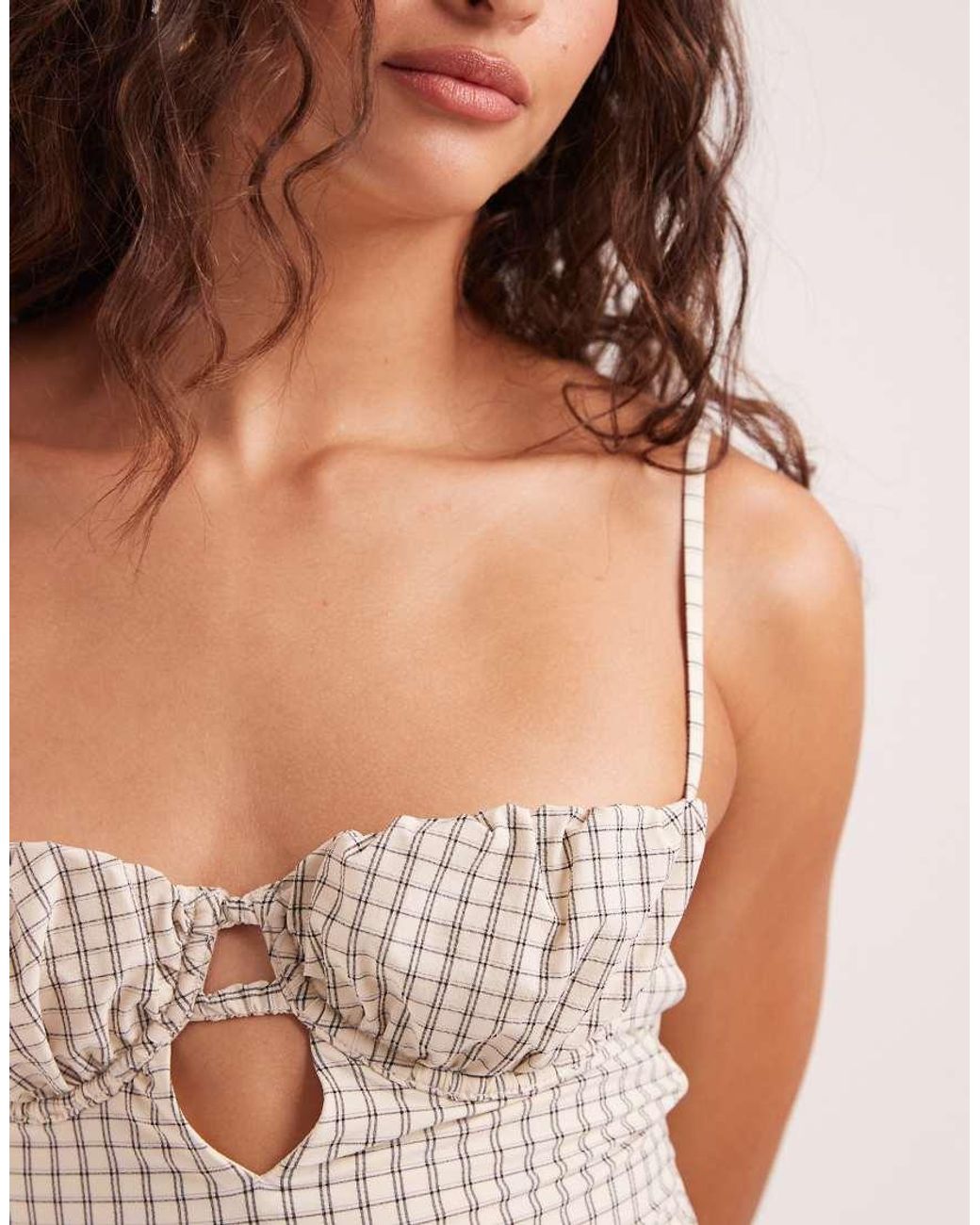 ASOS White Piper Paper Touch Plaid Ruched Balconette Swimsuit