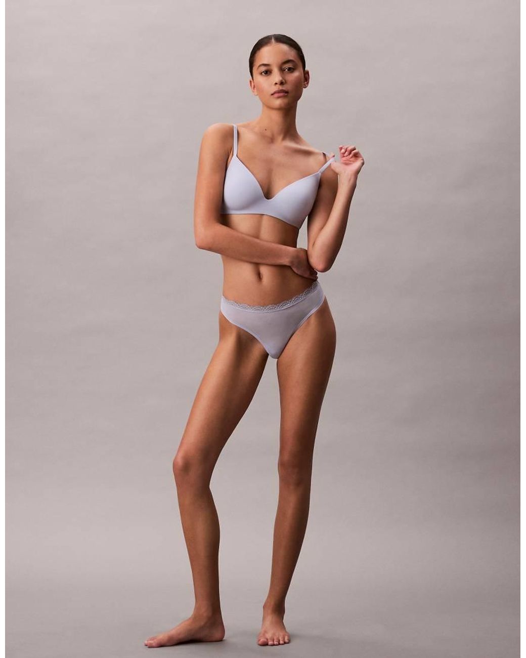 Calvin Klein Blue Microfibre Stretch Thong With Lace Trim