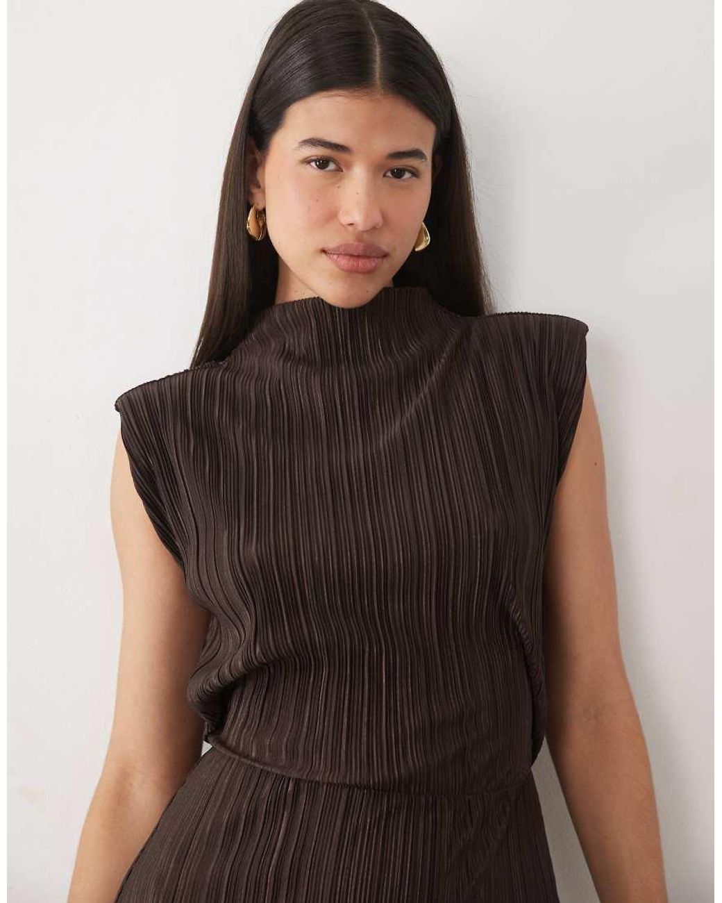 ASOS Brown Plisse High Neck Column Midi Dress With Shoulder Pads