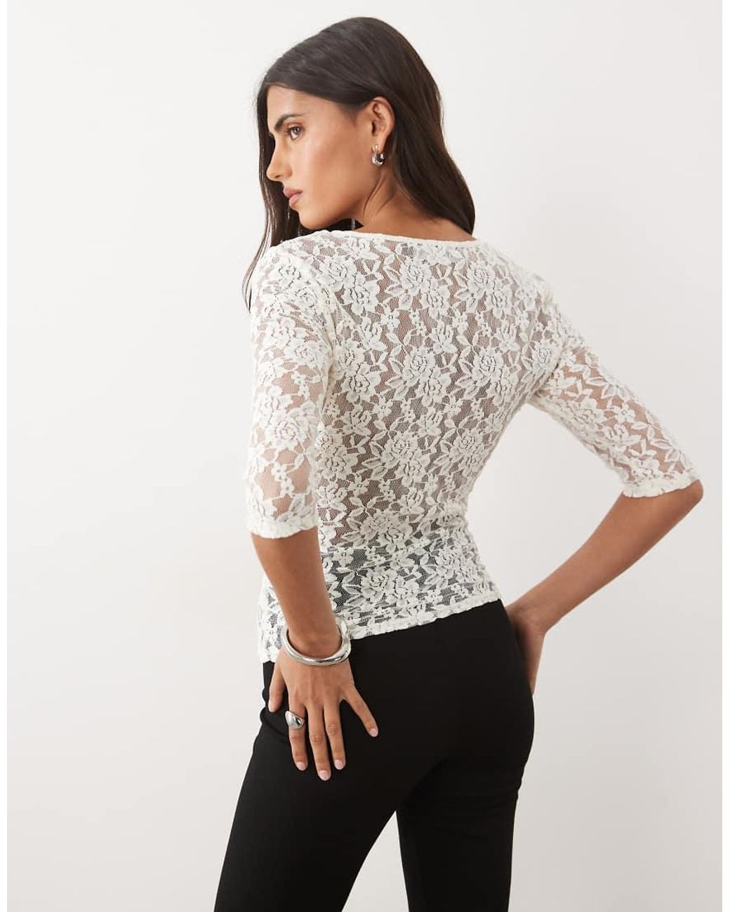 Lioness White Arena Sheer Lace V Neckline 3/4 Sleeve Top