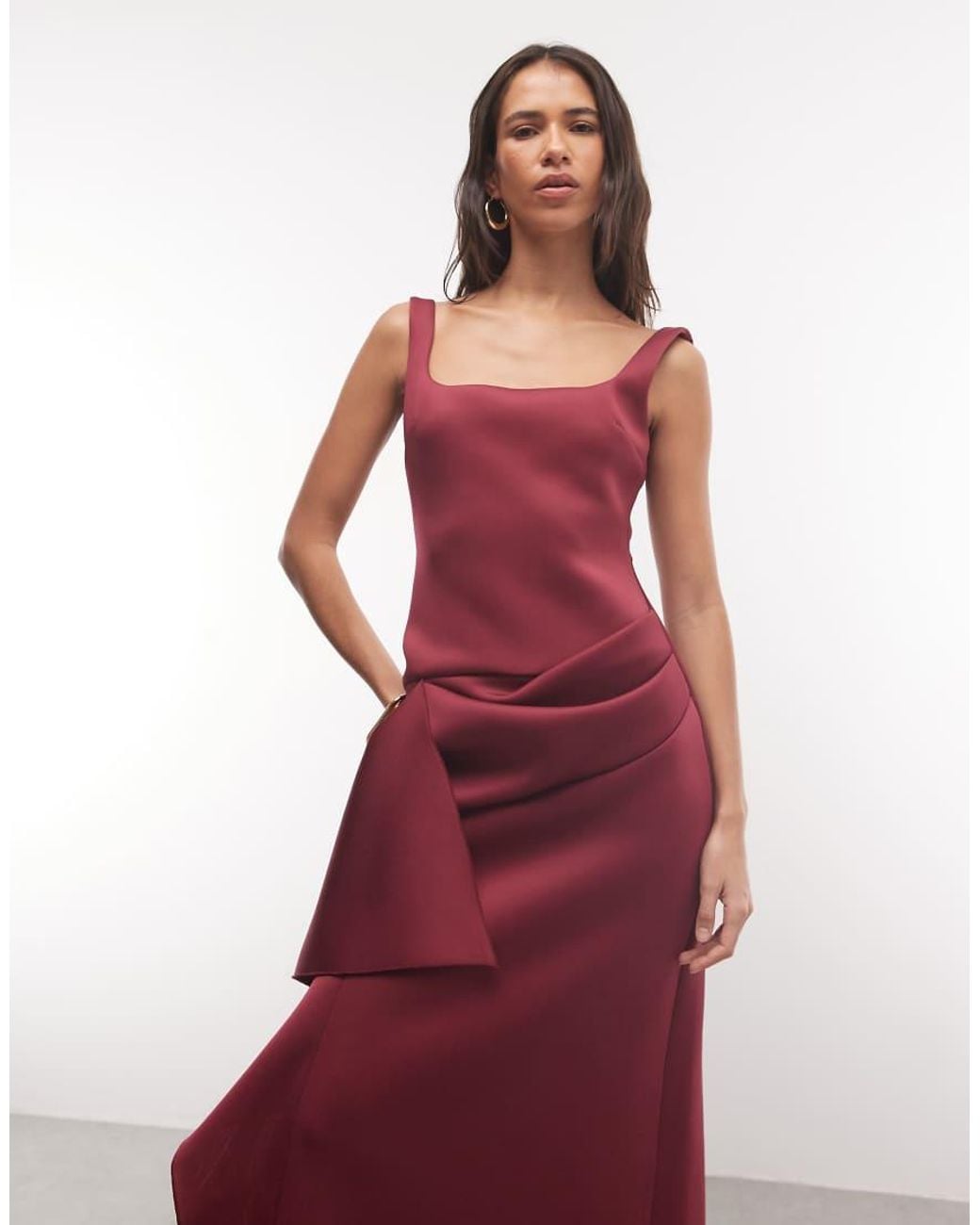 ASOS Red Square Neck Maxi Dress With Hitched Skirt Detail