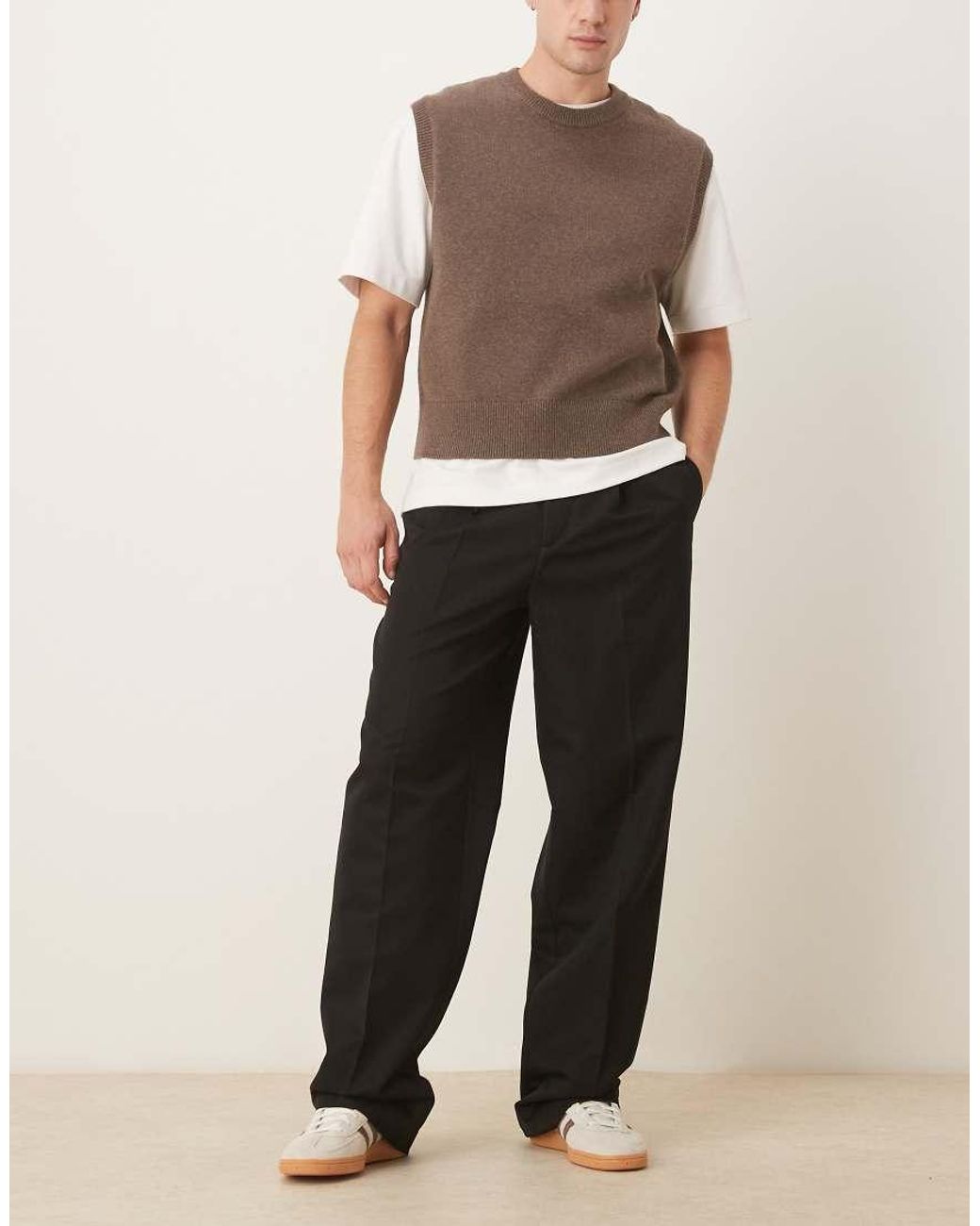 ASOS Black Smart Wide Leg Stacked Trousers With Pleats for men