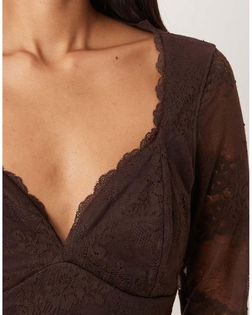 Abercrombie & Fitch Brown Sweetheart Neckline Lace Long Sleeve Top