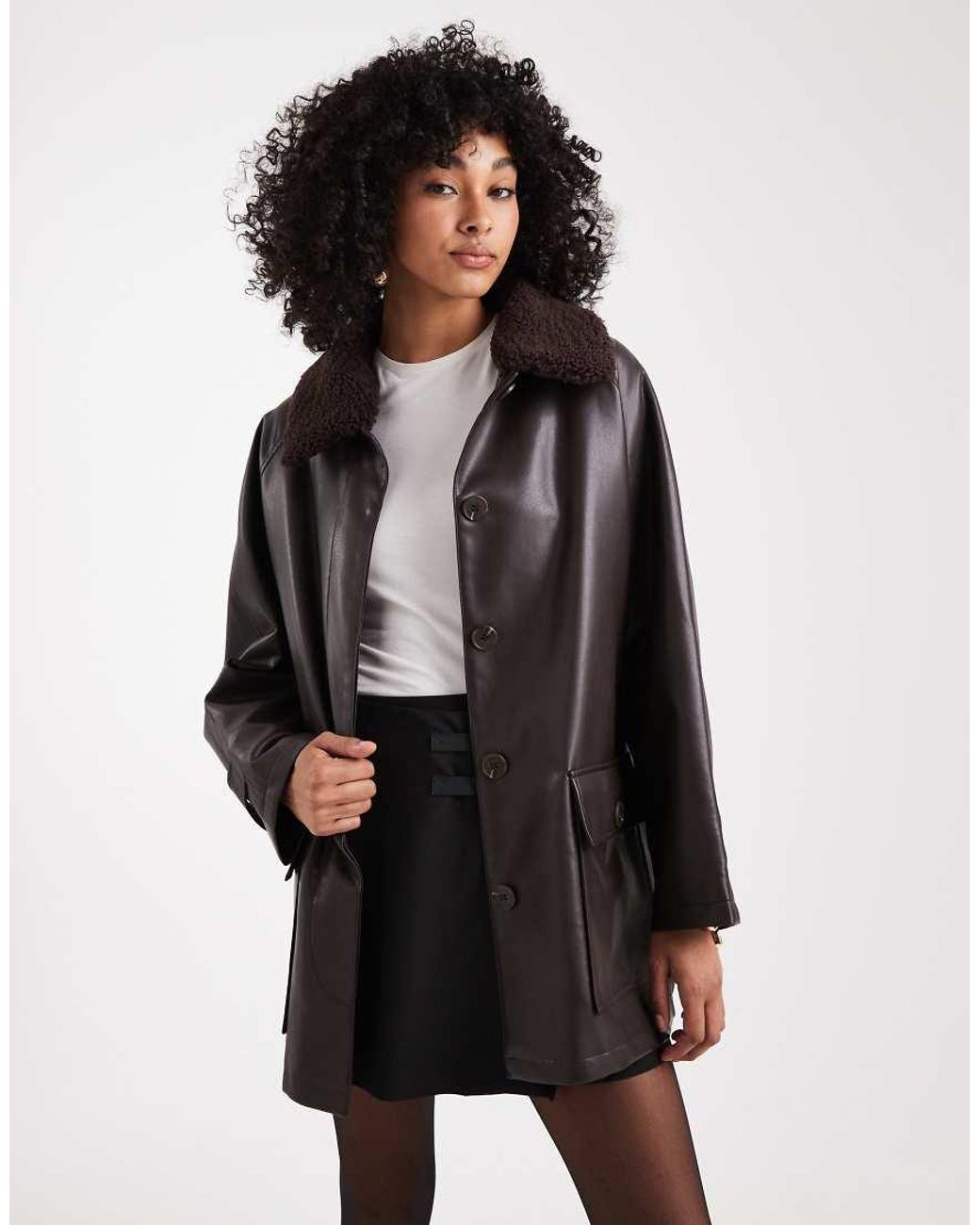 ASOS Black Leather Look Jacket With Borg Collar And Cinch Waist
