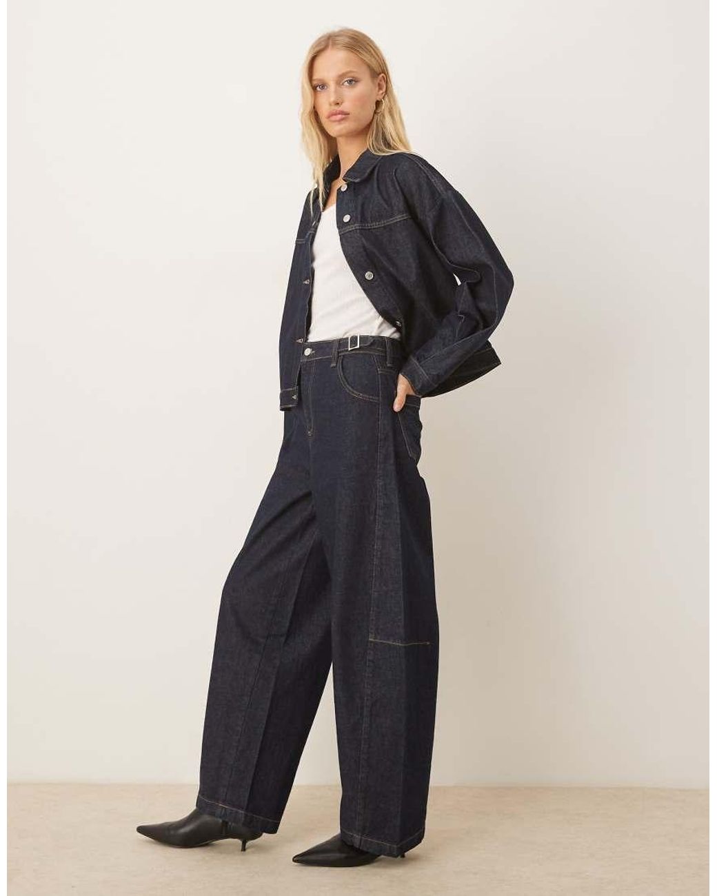 ASOS Blue Barrel Leg Jean With Cinched Waist Buckles