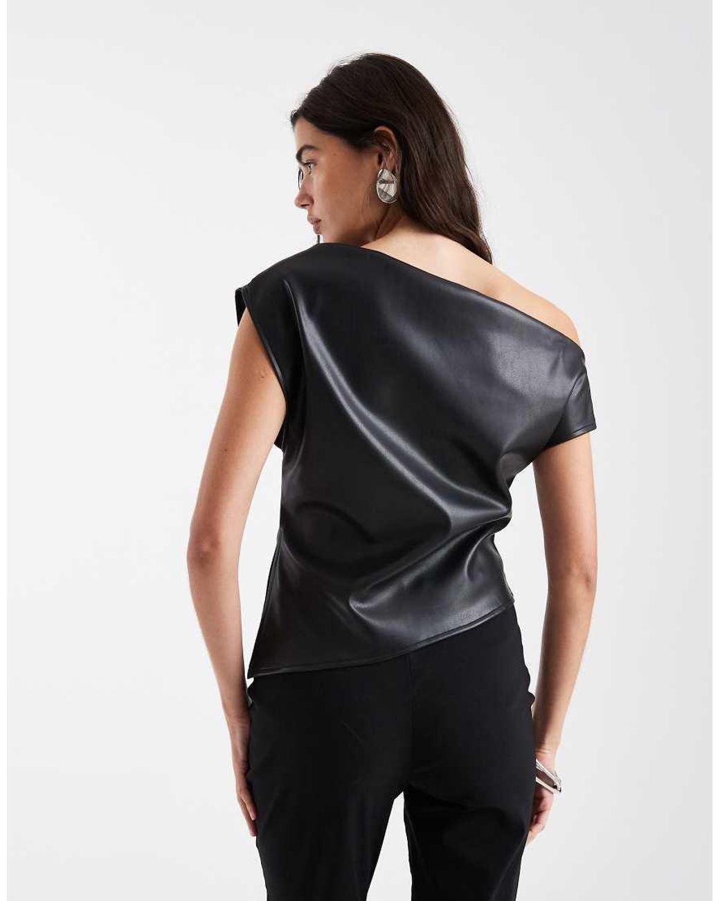 ASOS Black Pu Asymmetrical Off Shoulder Short Sleeve Top