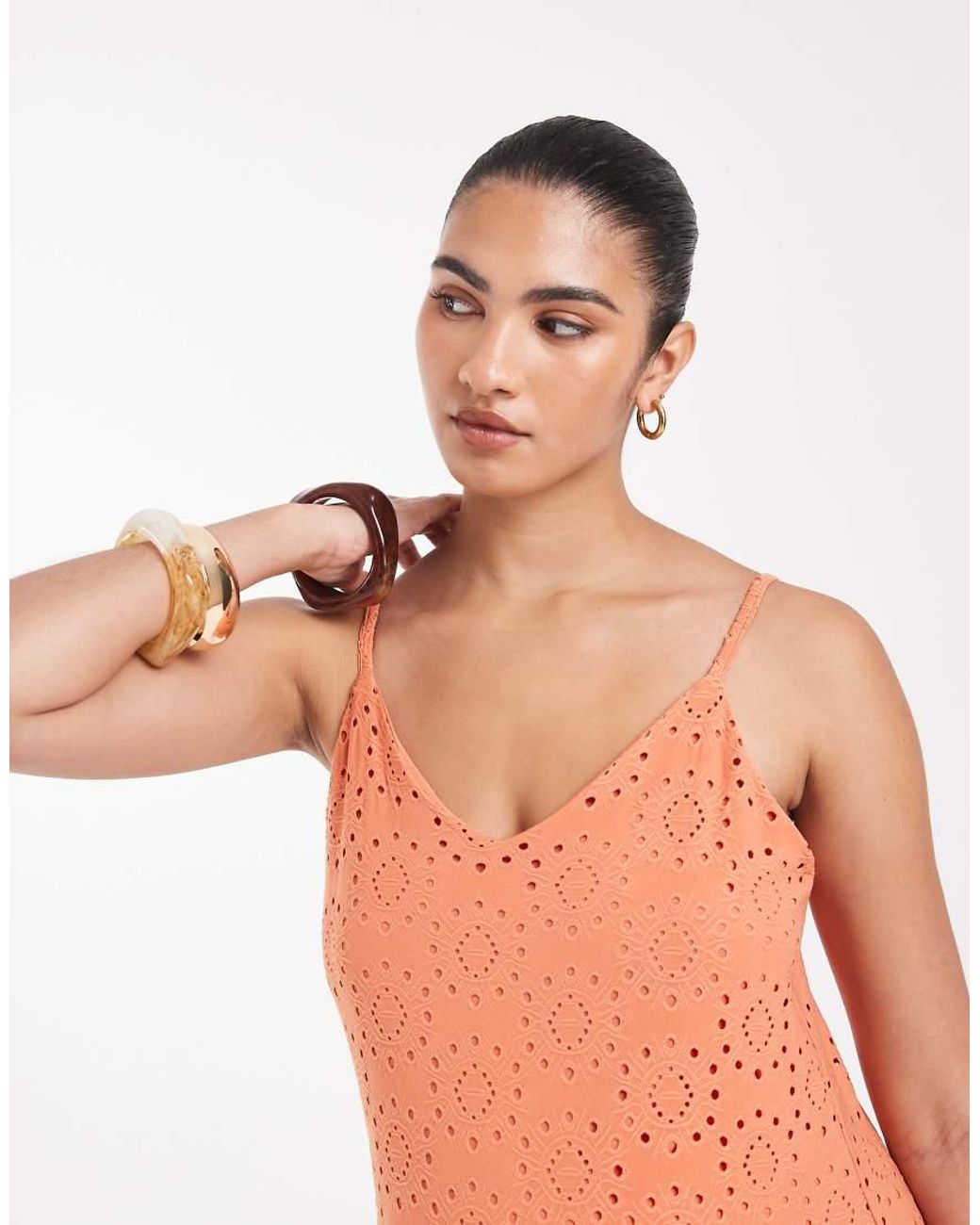 Vero Moda Orange Jersey Floral Broderie Cami Midi Dress