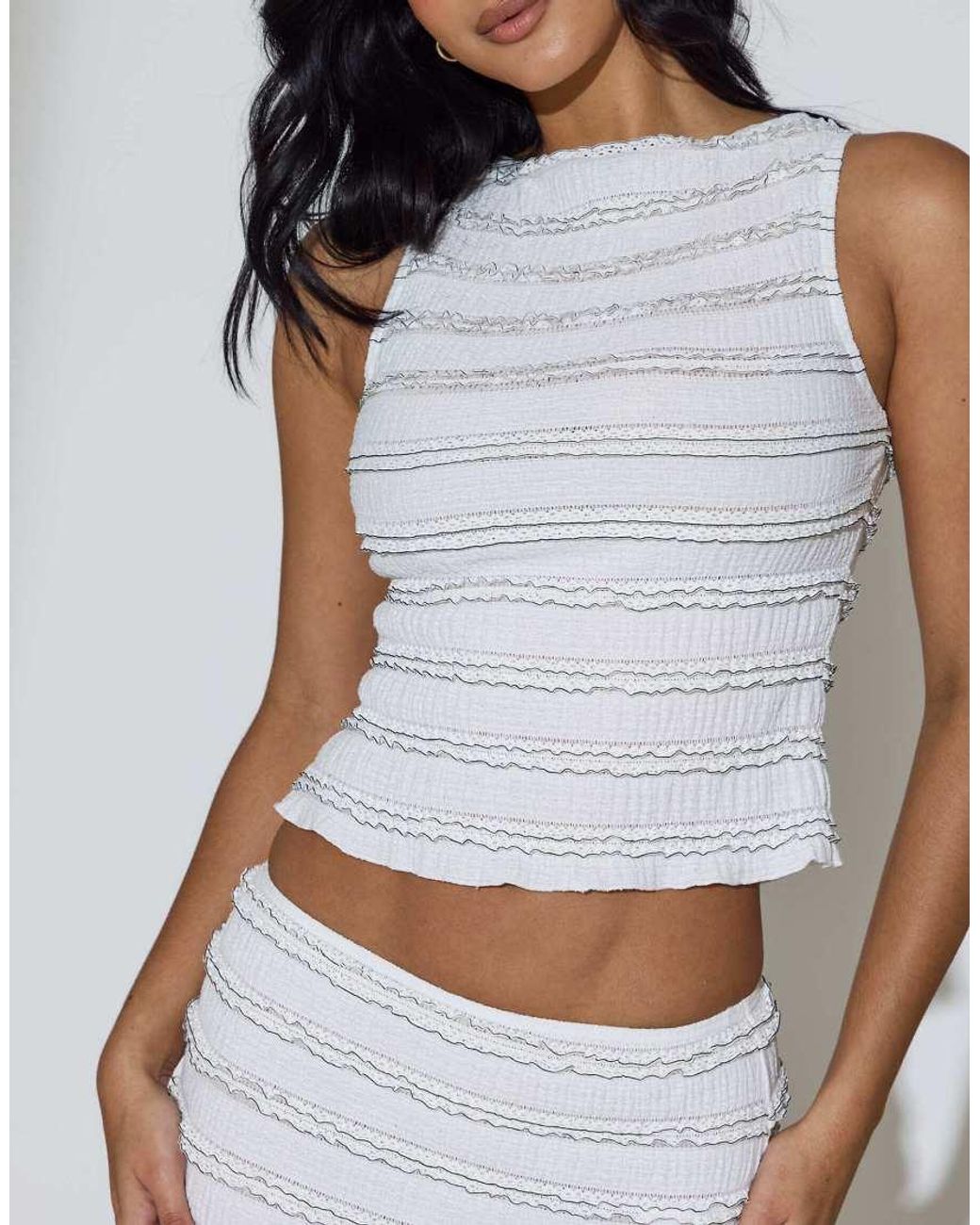 South Beach White Textured Frill Sleeveless Top