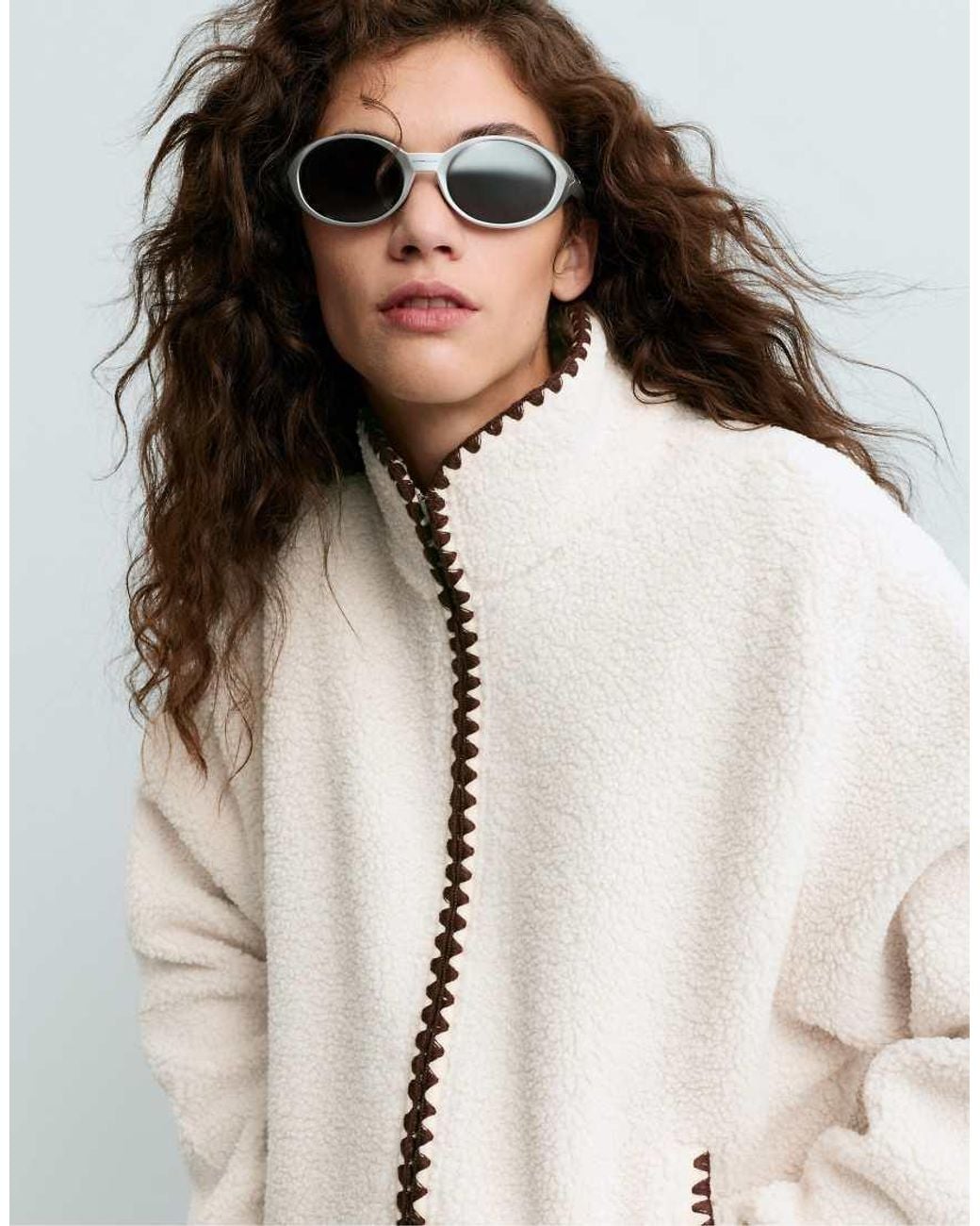 Oysho White High-neck Faux-shearling Jacket With Contrast Stitching