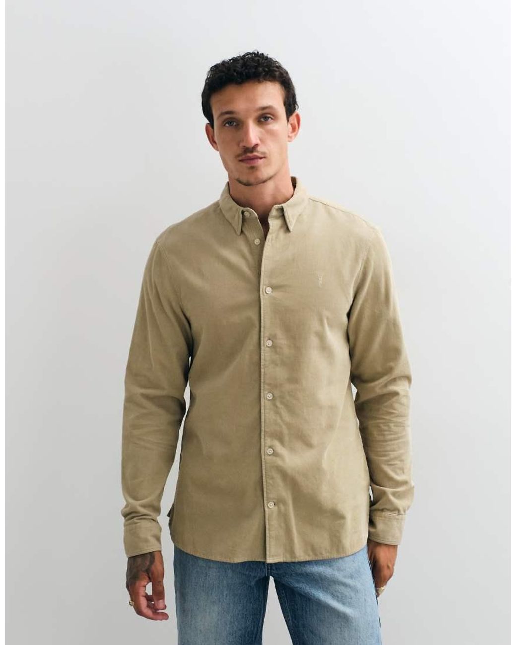 AllSaints Green Birchwood Long Sleeve Logo Cord Shirt for men