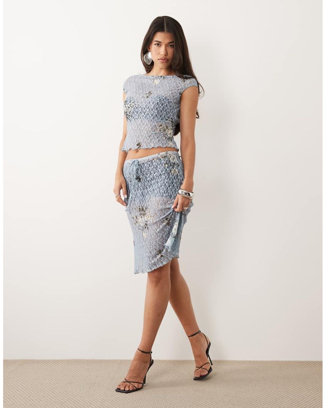 ASOS Blue Co-ord Printed Lace Cap Sleeve Open Back Top