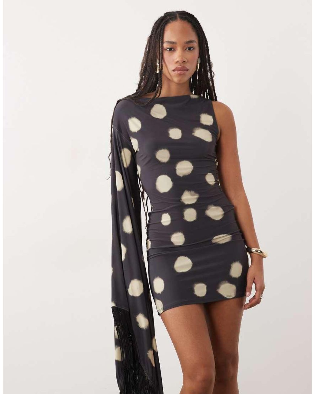 ASOS Black Printed Spot Fringe Detail Mini Dress With Batwing Sleeve