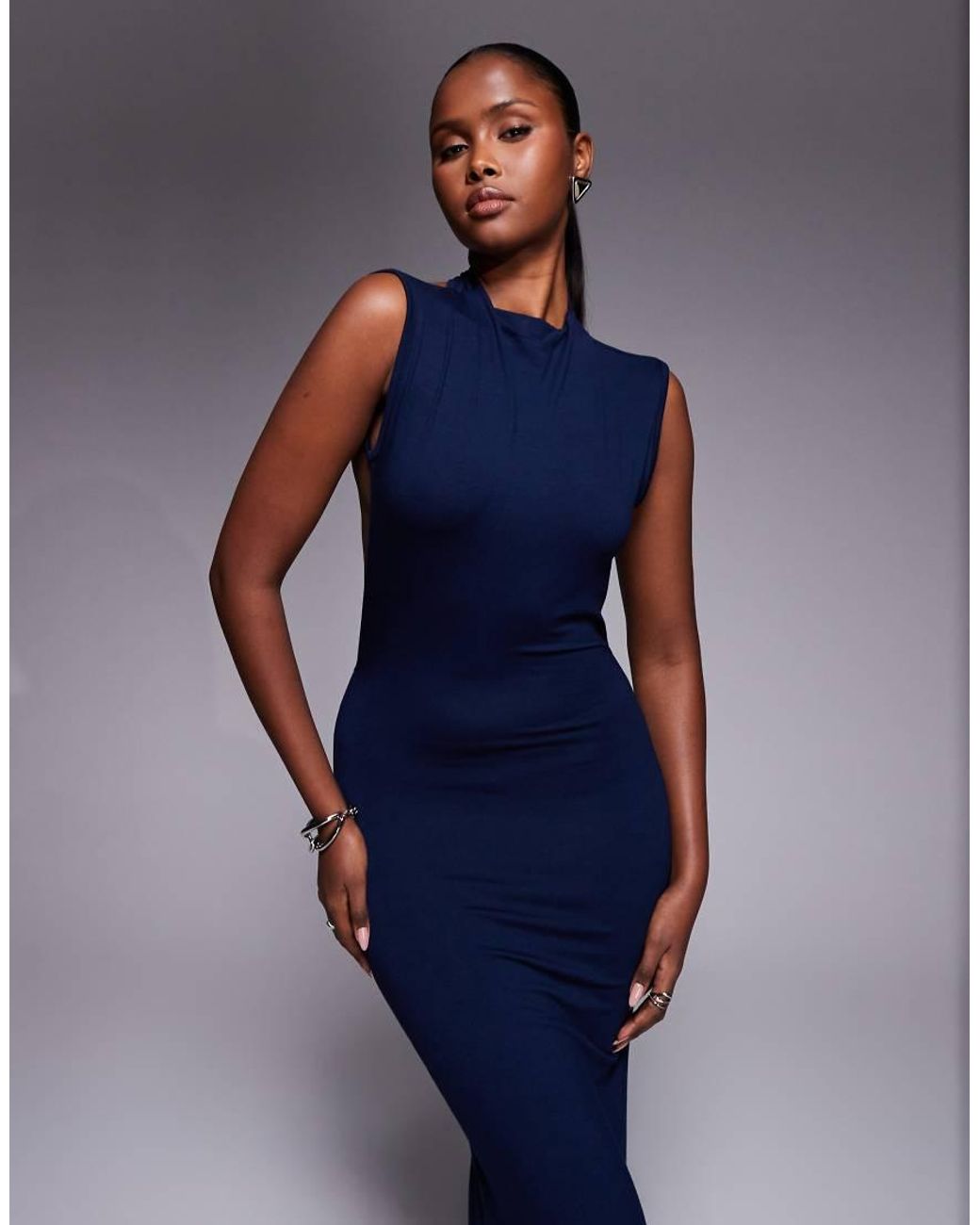 ASOS Blue High Neck Slash Shoulder Maxi Dress With Open Back