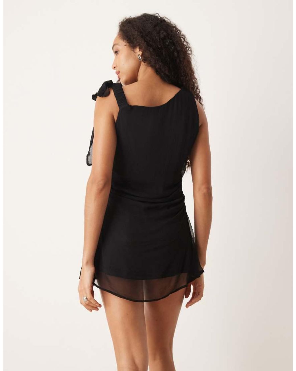 Vrg Grl Black Off The Shoulder Tie Detail Mesh Mini Dress
