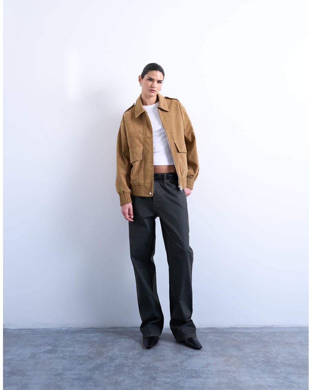 TOPSHOP Brown – oversize-bomberjacke aus wildlederimitat