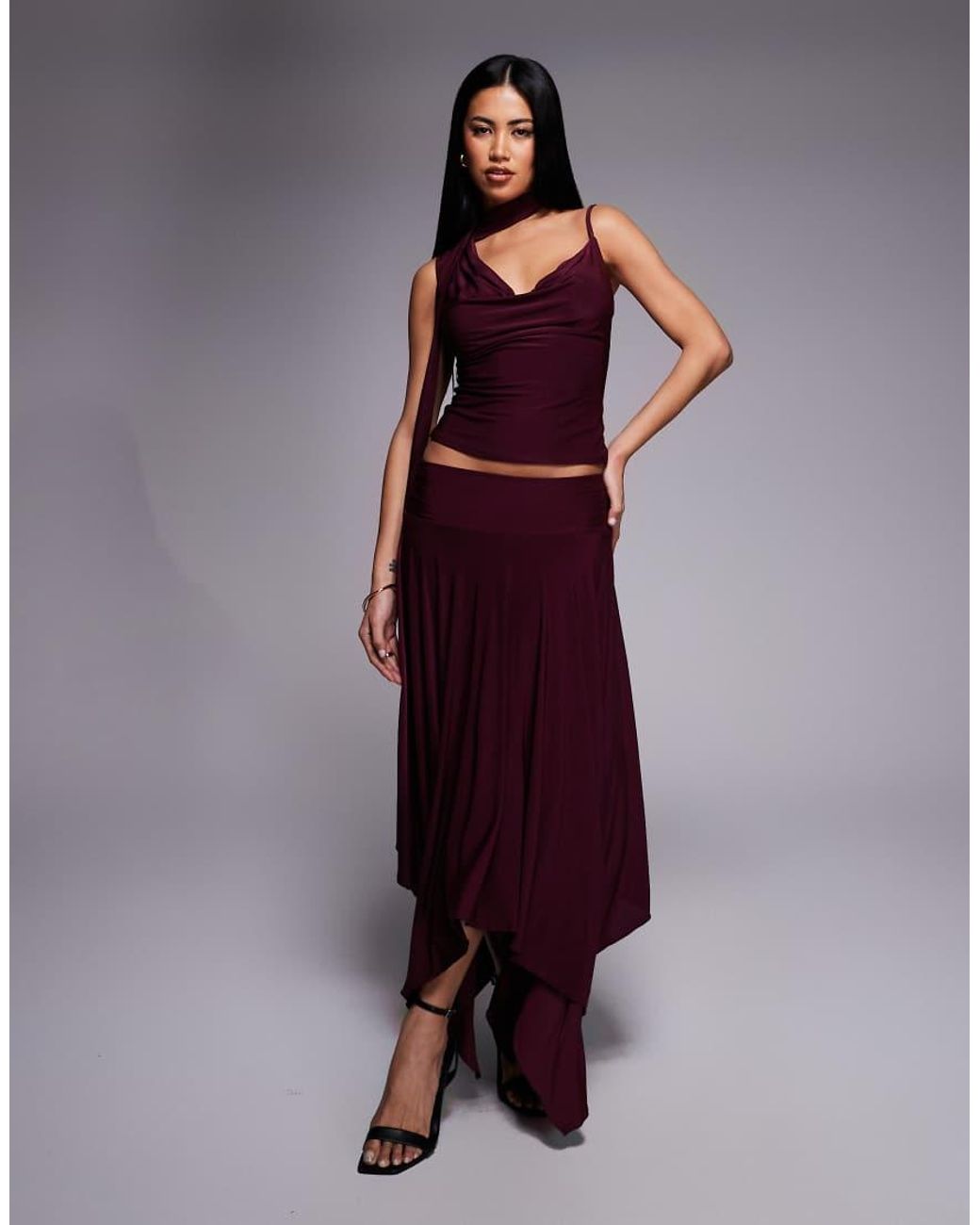Kaiia Purple Exclusive Double Laye Slinky Cowl Neck Scarf Detail Top Co-ord