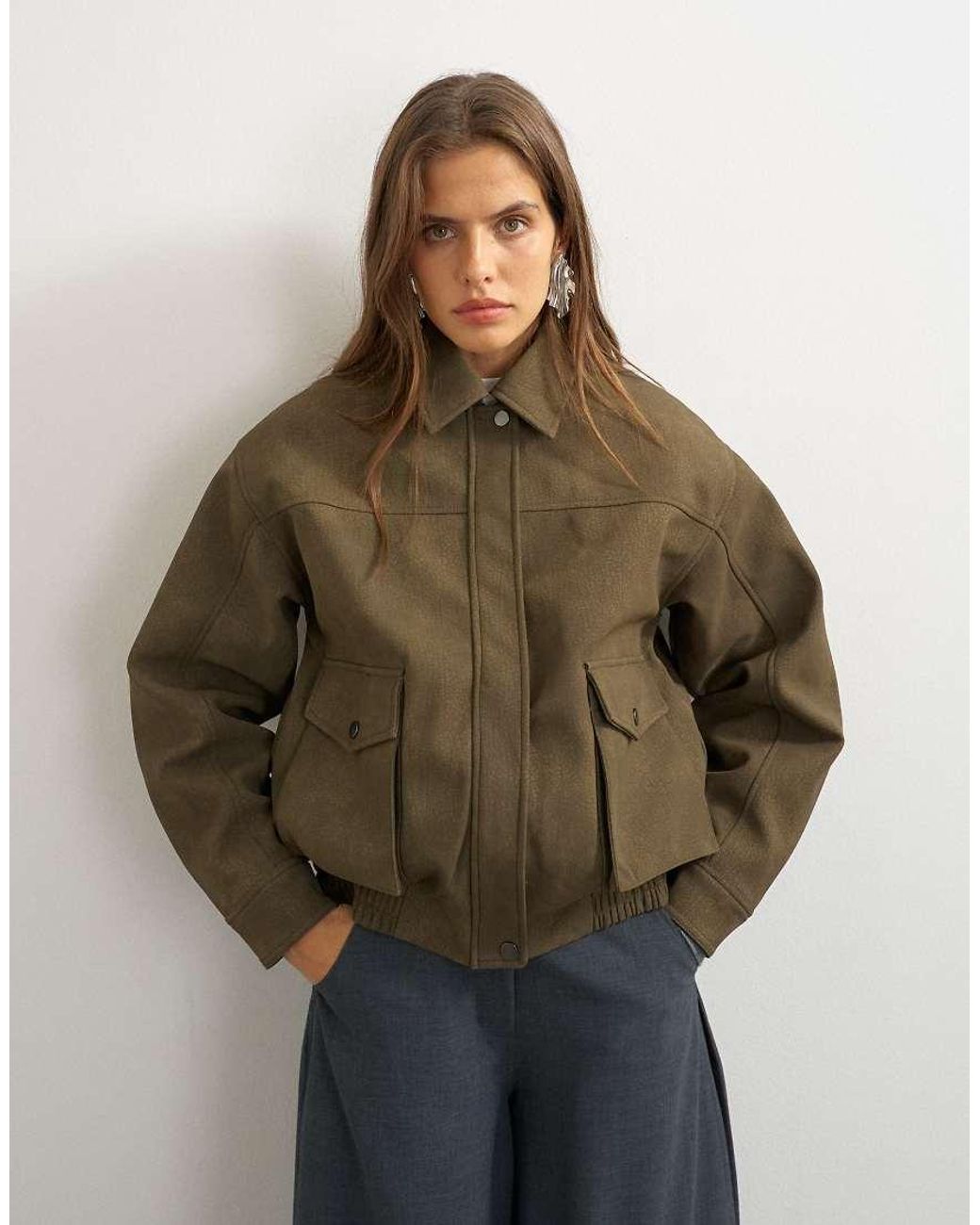 TOPSHOP Brown Faux Leather Oversized Bomber Jacket