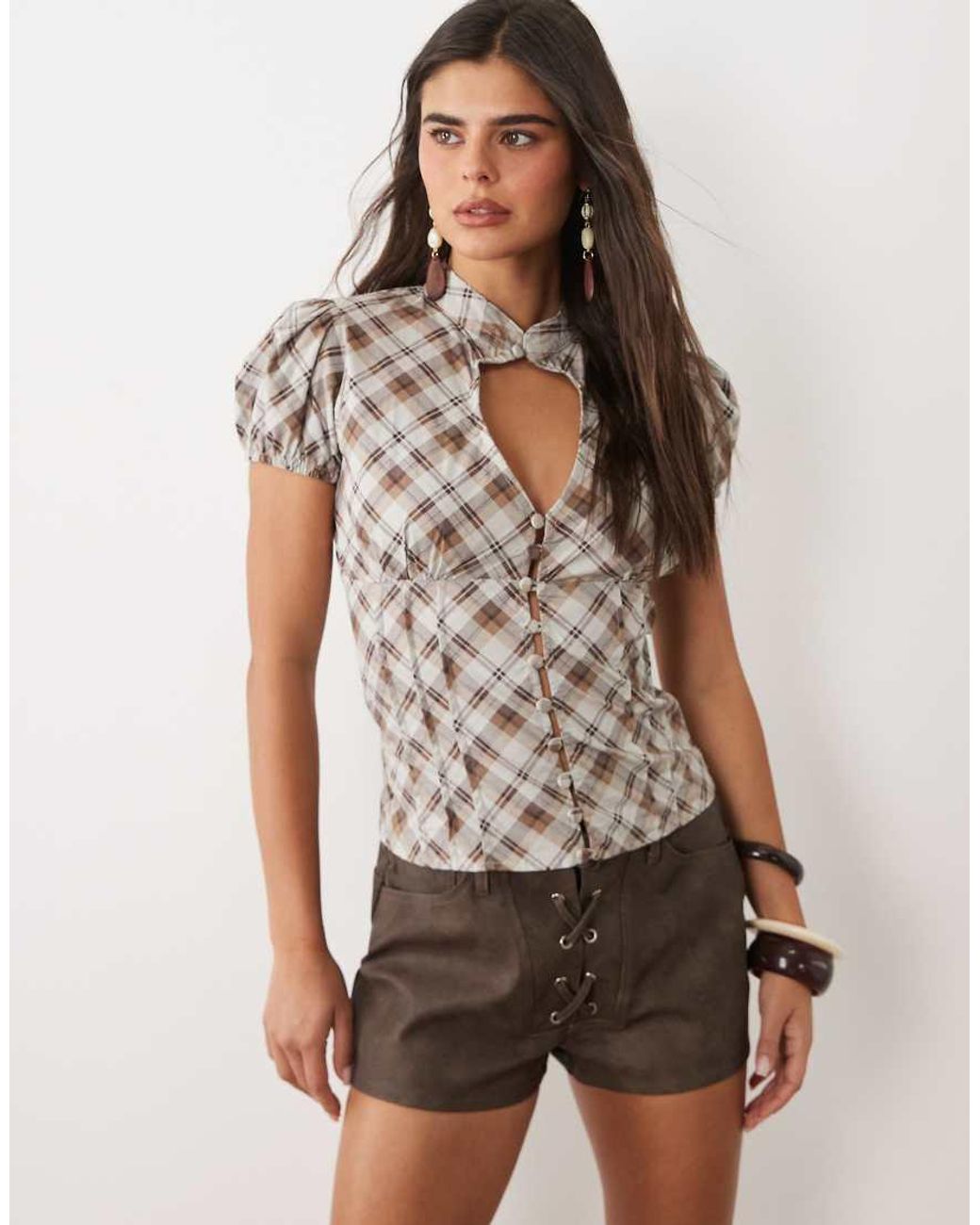 Motel Brown Yasuda Angled Check Blouse