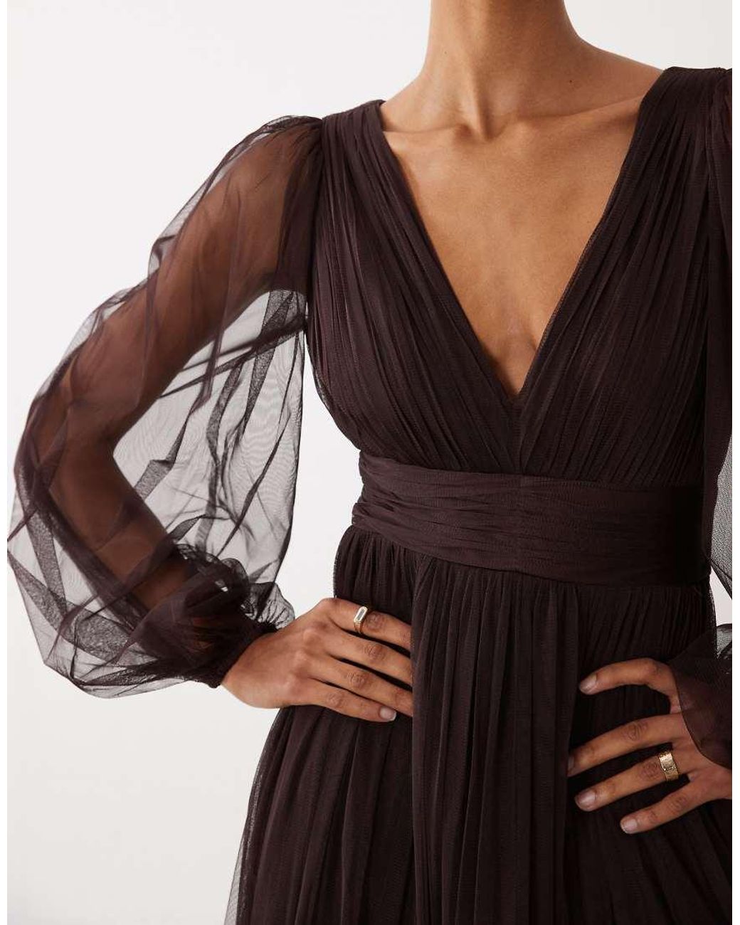 LACE & BEADS Black Bridesmaid Tulle Sheer Sleeve Plunge Neck Tiered Maxi Dress