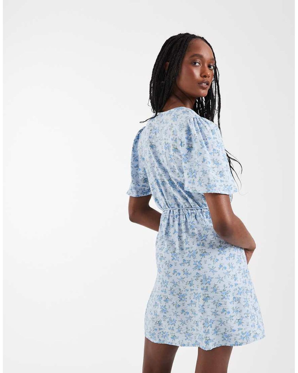 Vero Moda Blue Flutter Sleeve Wrap Front Mini Dress