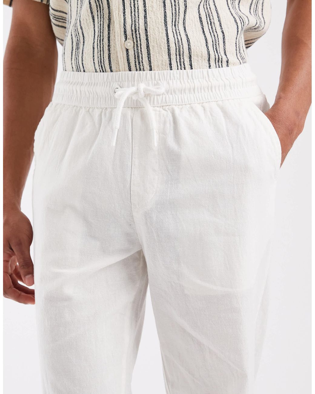 Blend White Cotton-linen Drawstring Waist Regular Fit Trousers for men