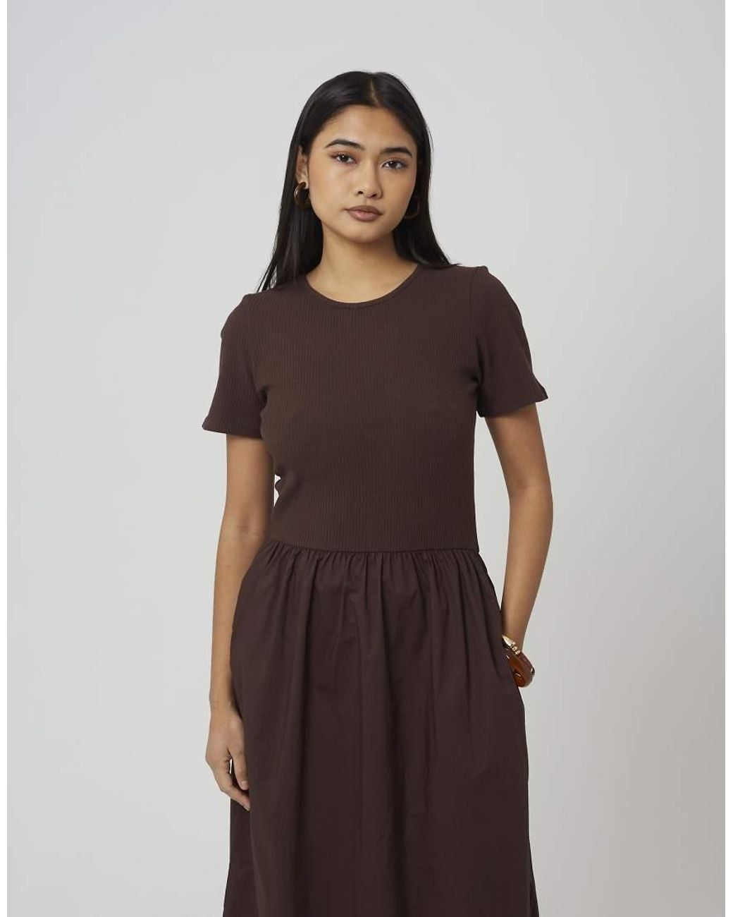 Brave Soul Brown Crew Neck Jersey And Poplin Mix Maxi Dress
