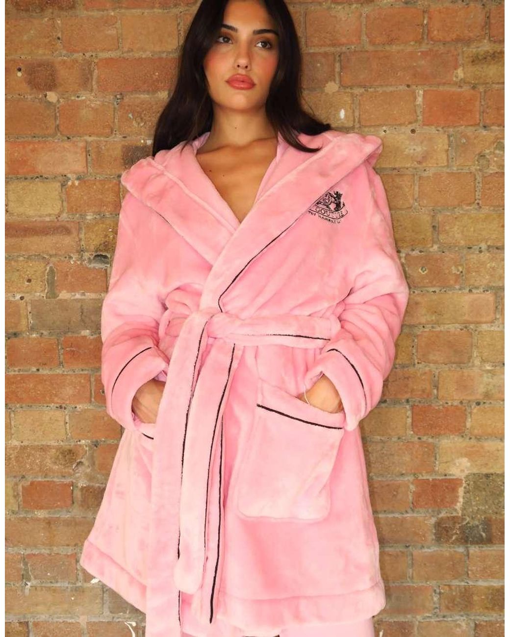 Juicy Couture Pink Lottie Plush Belted Dressing Gown With Contrast Piping Detail