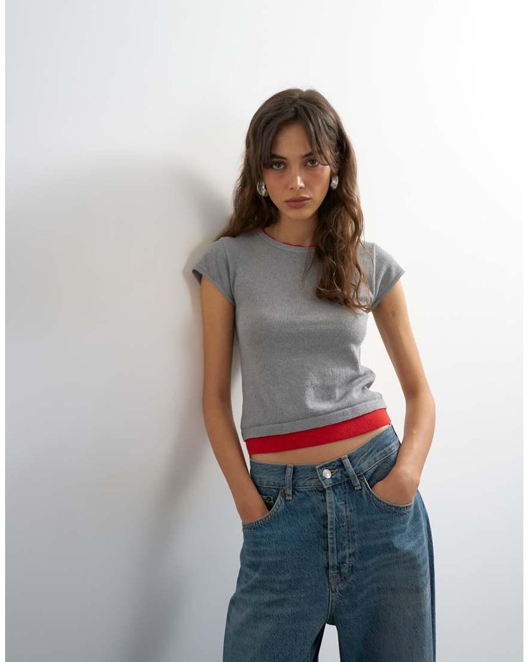 TOPSHOP Gray Knit Double Layer T-shirt
