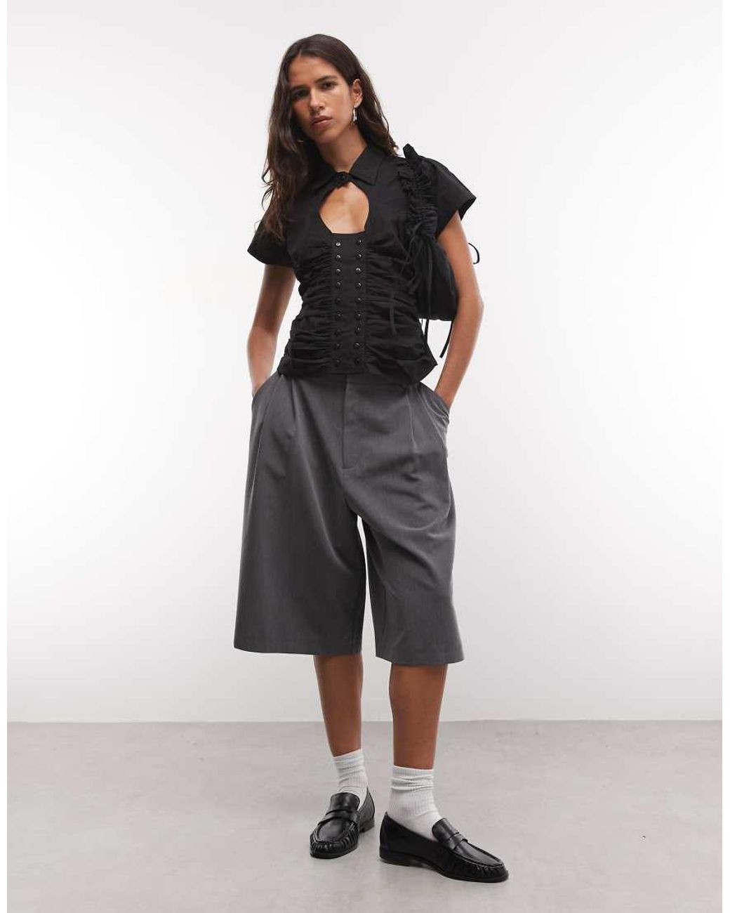 Collusion Black Keyhole Ruched Fitted Shirt