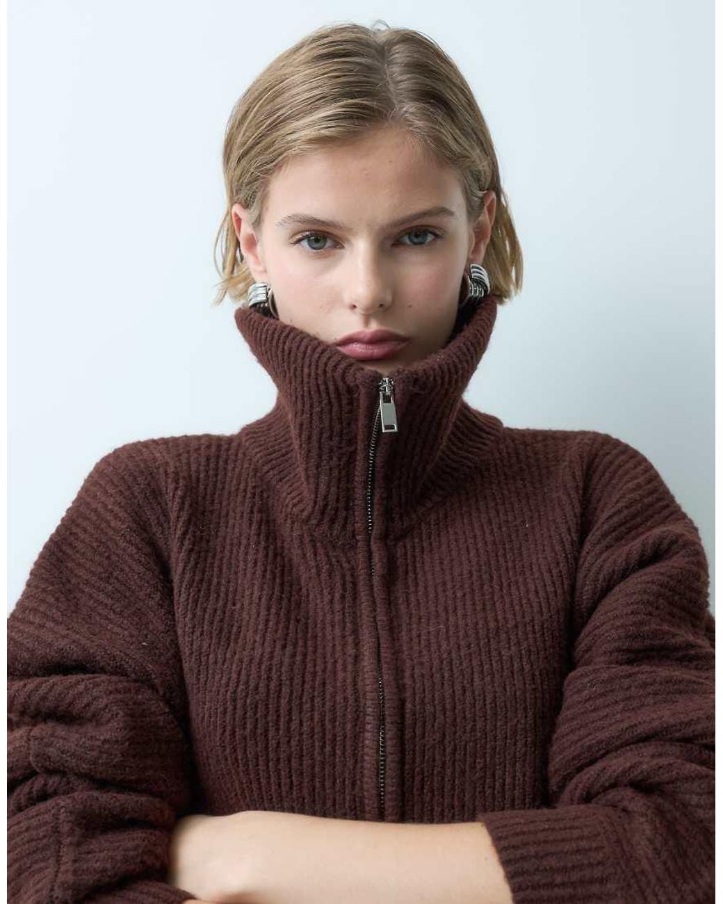 Miss Selfridge Brown Chunky Rib Knit Zip Batwing Cardigan