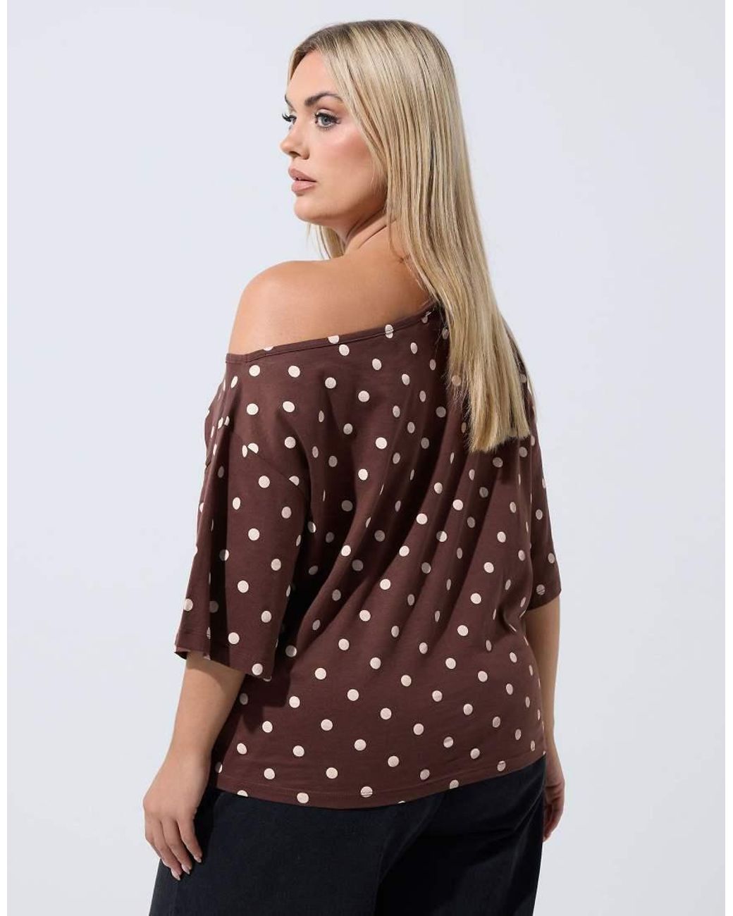 Yours Clothing Brown Polka Dot Off Shoulder T-Shirt