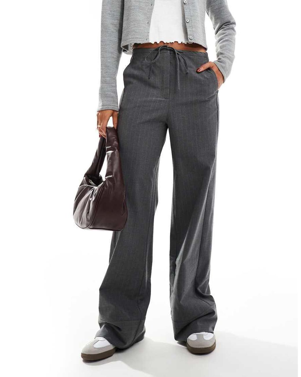 Mango Elasticated Pinstripe Tie Front Trousers in Grey Lyst UK