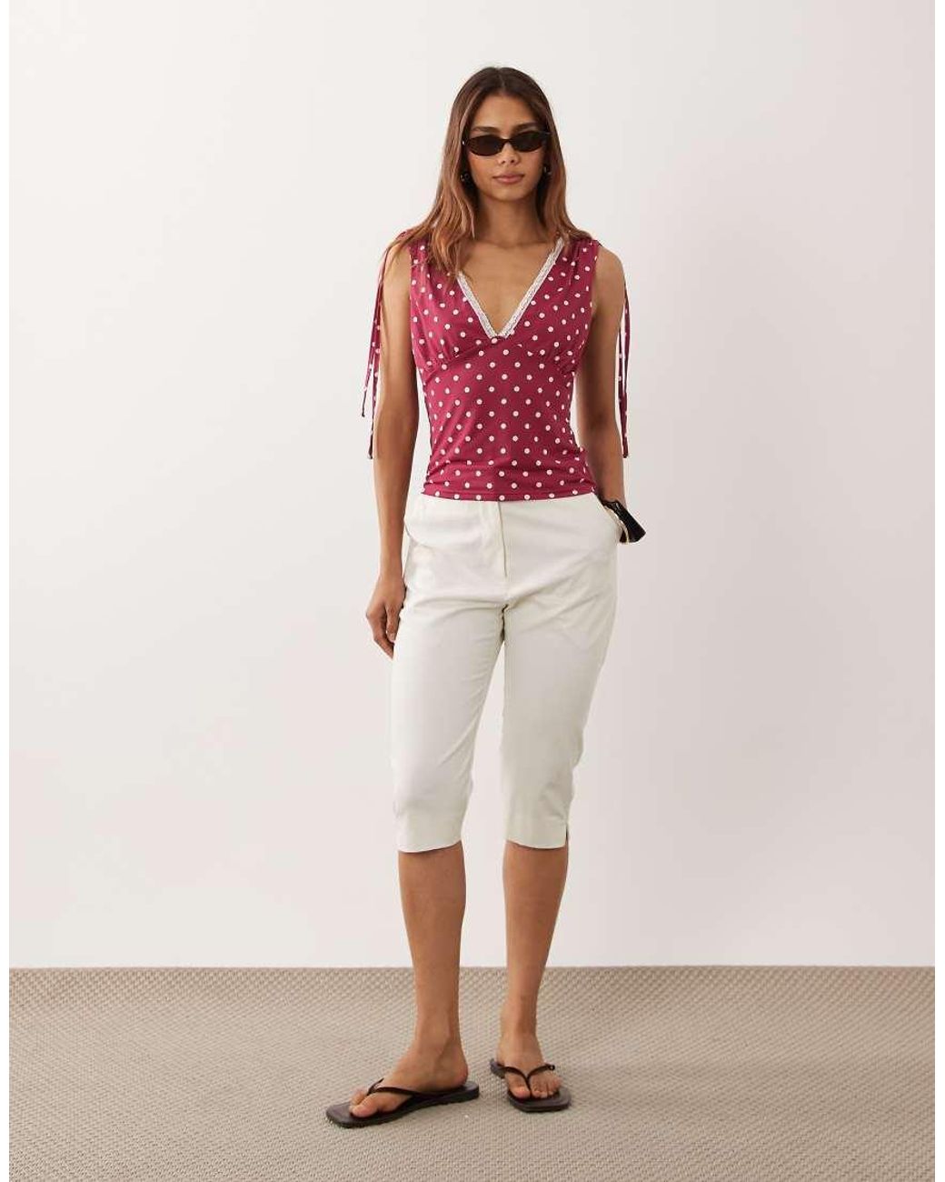 Miss Selfridge Red Ruched Shoulder V-neck Tank Top With Lace Trim