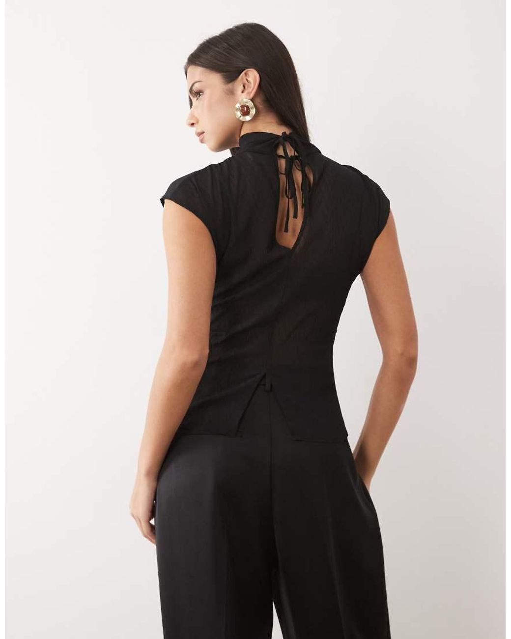 ASOS Black Chiffon Plisse Funnel Neck Blouse