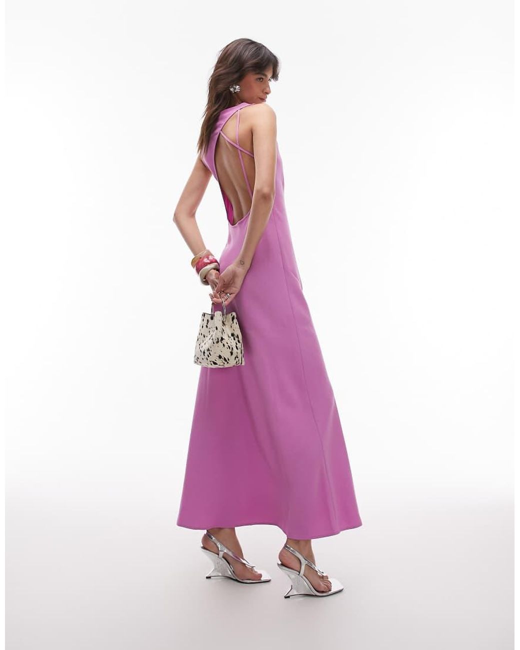 TOPSHOP Pink Drape Neck Open Back Midi Dress